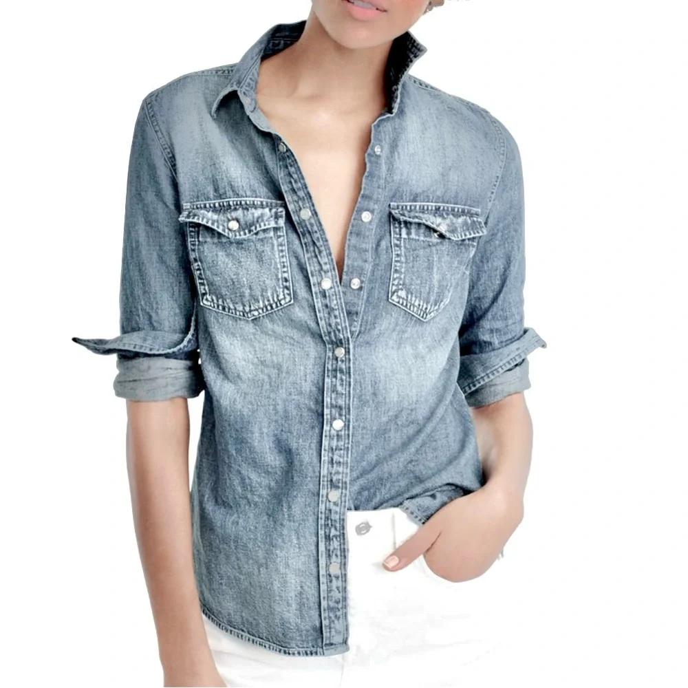 J. Crew Western Denim Snap Front Buttondown Shirt Women's Size Extra Small XS